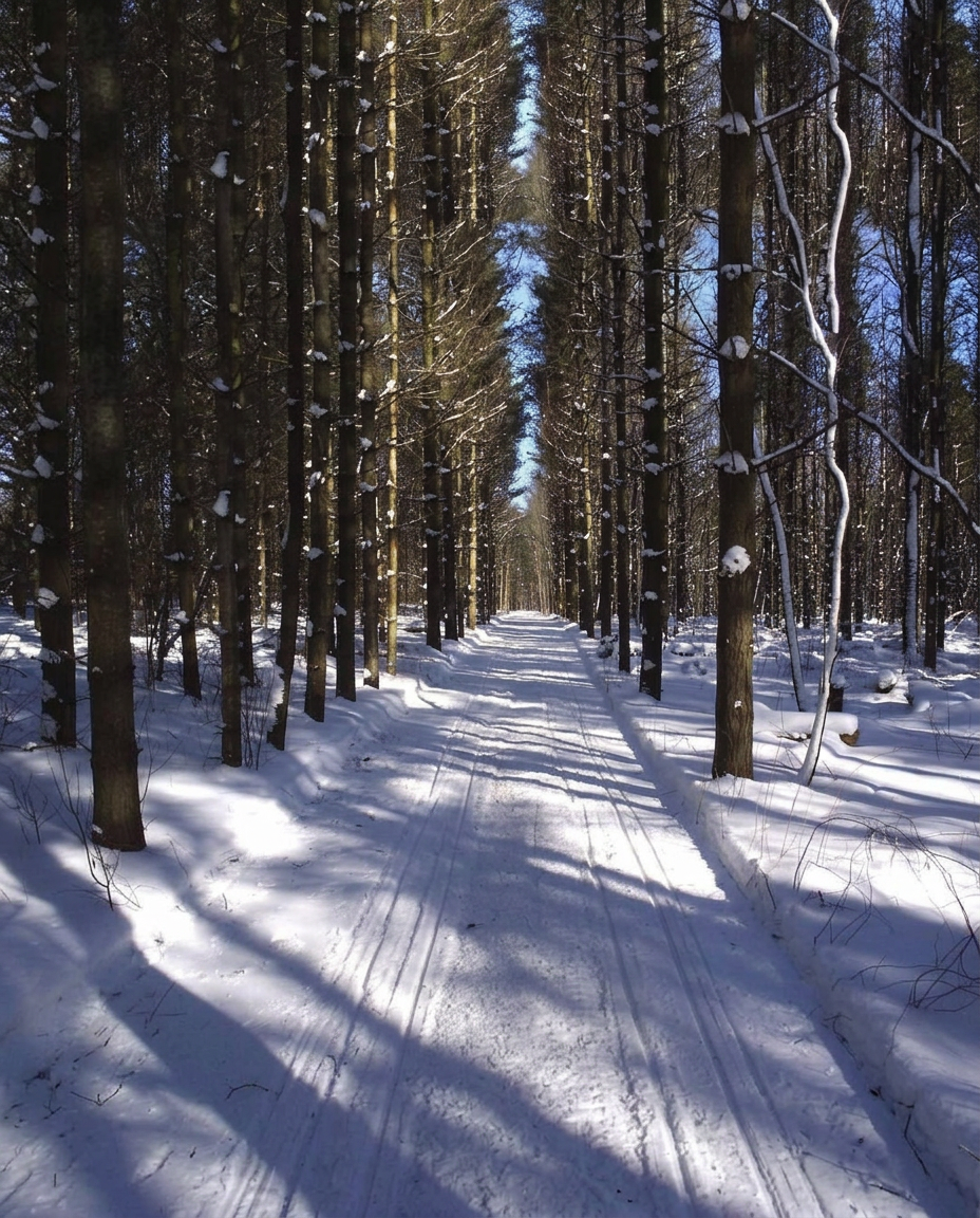 A snow-covered trail winding through a snowy pine forest