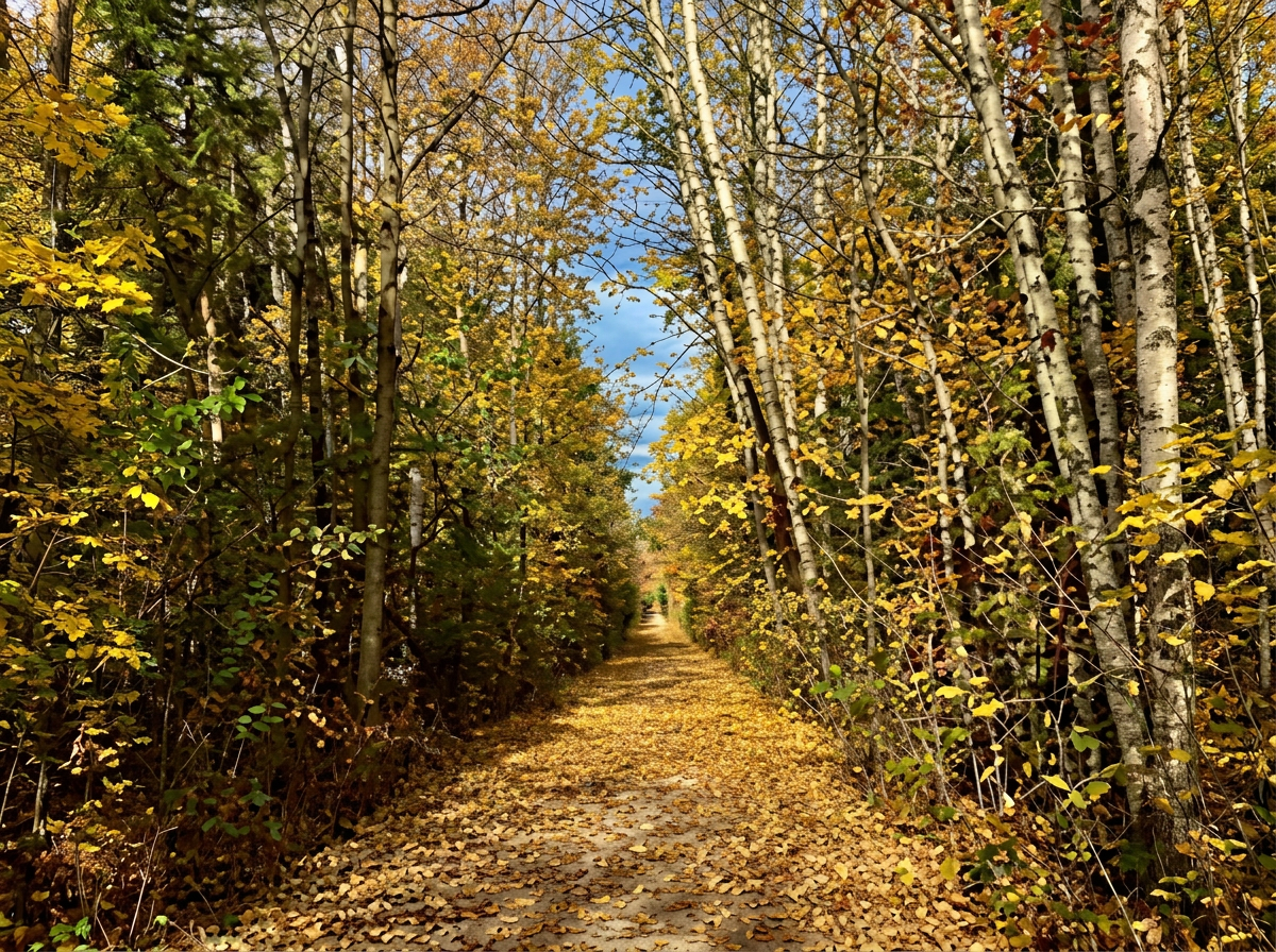 A leaf-covered forest trail in autumn